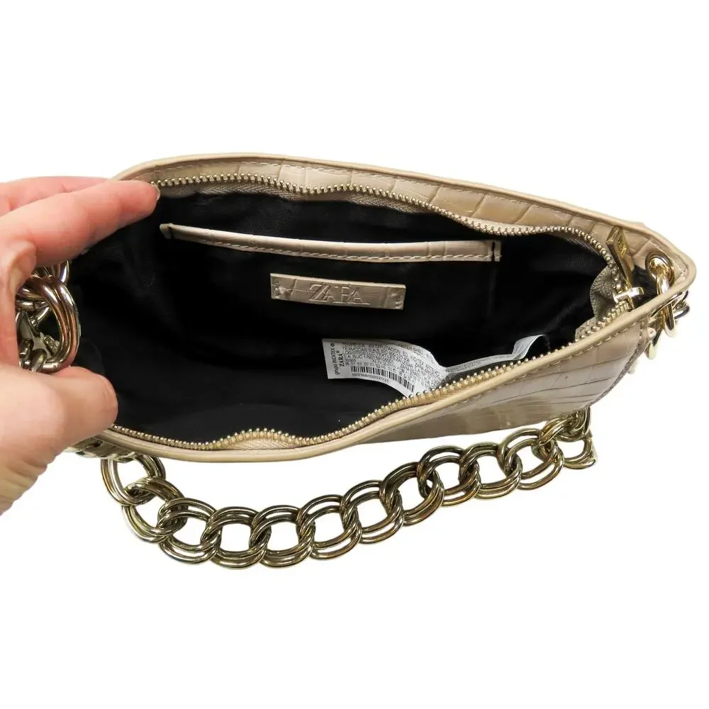 Zara Cream Croc Leather Shoulder Bag with Chunky Gold Chain Baguette Bag